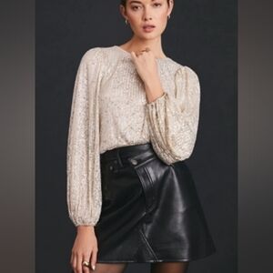 Anthropologie Flat White Long Sleeve Sequin Top Cream Off White XLP